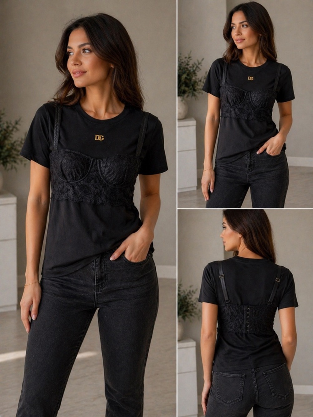 Dolce & Gabbana Black Lace Bustier Tee with Gold DG Emblem